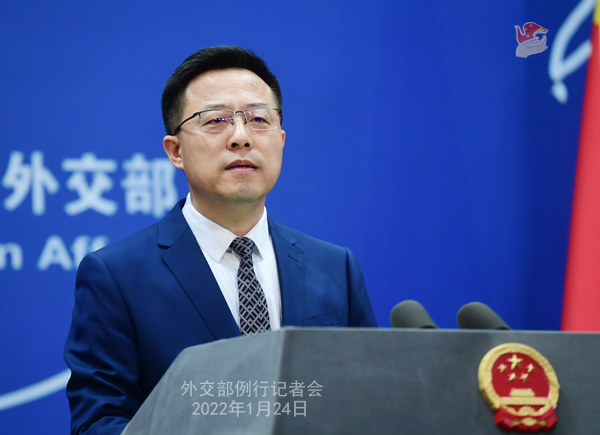 Conferencia de Prensa Habitual Ofrecida el 24 de Enero de 2022 por Zhao  Lijian, Portavoz del Ministerio de Relaciones Exteriores